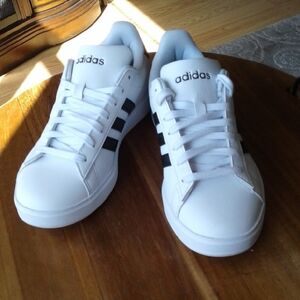 Adidas White Sneakers with Black Stripes